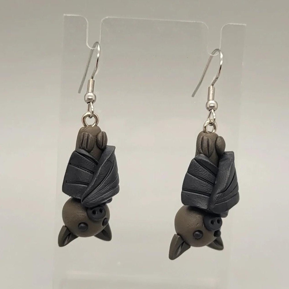 Bat Dangle Earrings, Stainless Steel Hooks, Handmade Polymer Clay Charms